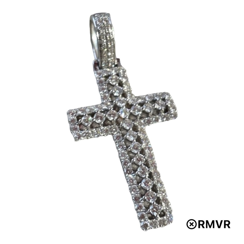 14k White Gold 1.35ctw Natural Diamond Cross - PRONG SET CROSSPENDANT SOLID
BACK